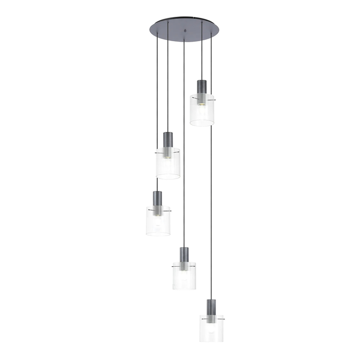 Idolite Snowdon 5 Light Cluster Pendant In Dark Grey With Clear Ribbed Glass Shades