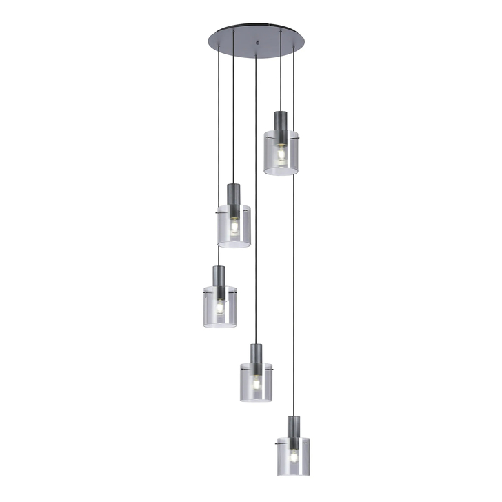 Idolite Snowdon 5 Light Cluster Pendant In Dark Grey With Smoke Ribbed Glass Shades