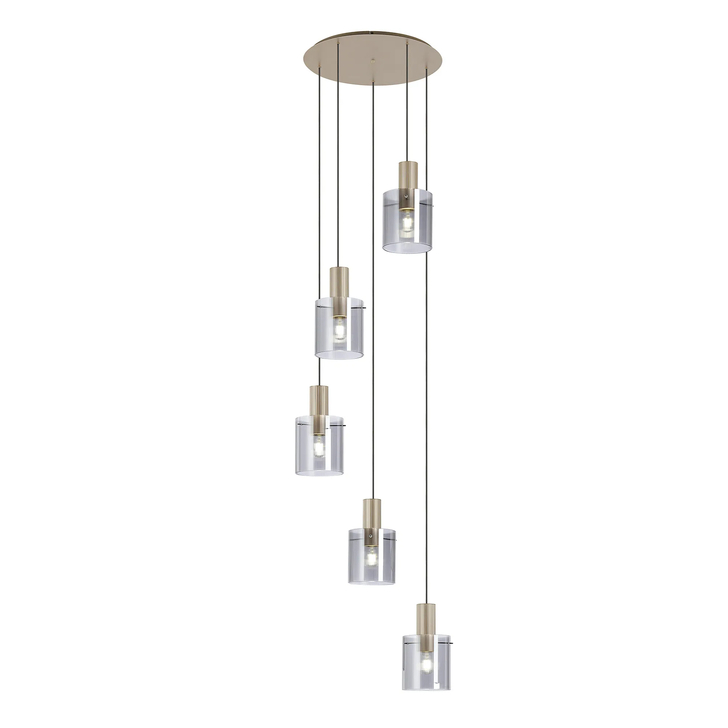 Idolite Snowdon 5 Light Cluster Pendant In Gold With Smoke Ribbed Glass Shades