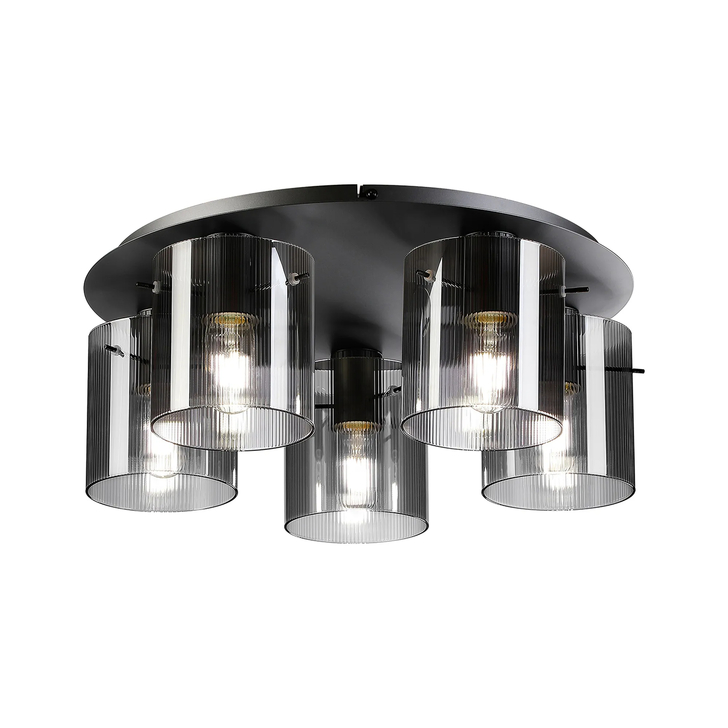 Idolite Snowdon 5 Light Flush Ceiling Light In Dark Grey With Smoke Ribbed Glass Shades