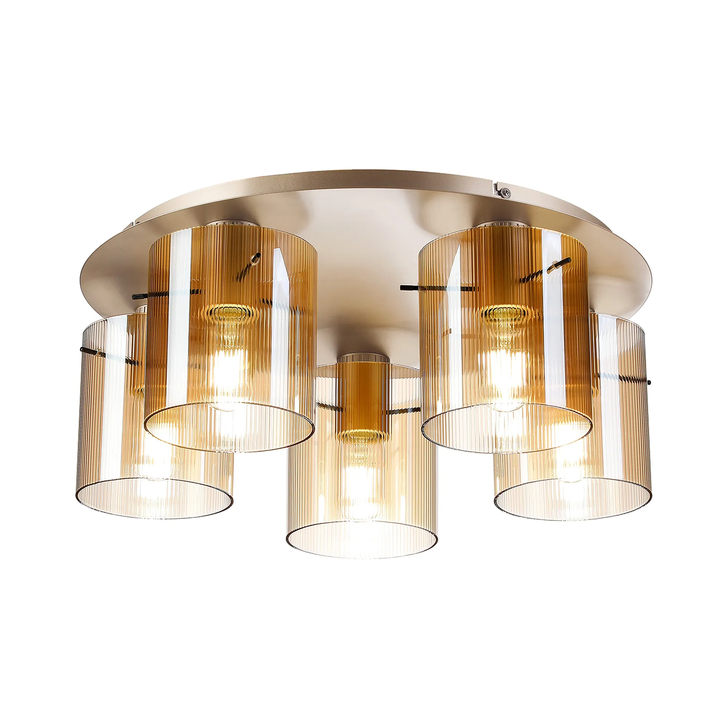 Idolite Snowdon 5 Light Flush Ceiling Light In Gold With Amber Ribbed Glass Shades