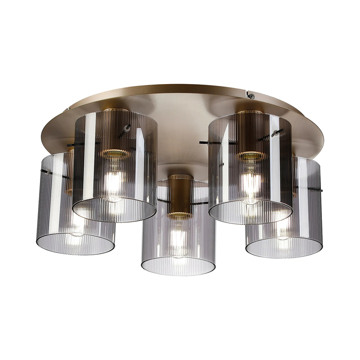 Idolite Snowdon 5 Light Flush Ceiling Light In Gold With Smoke Ribbed Glass Shades