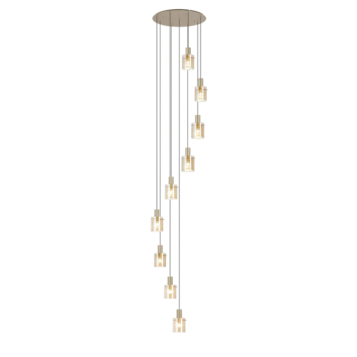 Idolite Snowdon 9 Light Cluster Pendant In Gold With Amber Ribbed Glass Shades