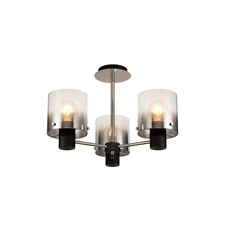 Idolite Snowdon Black Finish 3 Light Semi Flush Ceiling Light C/W Smoked/Clear Ombre Glasses