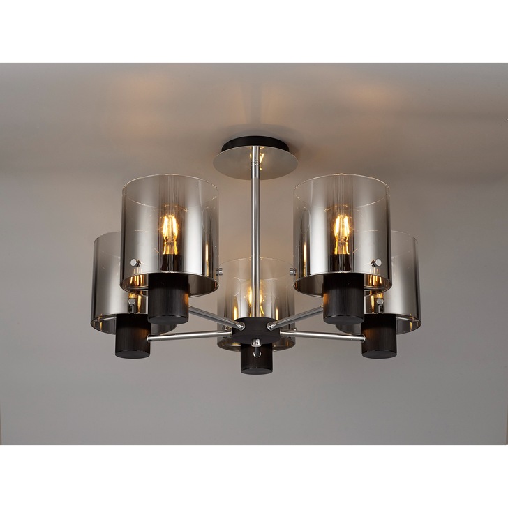 Idolite Snowdon Black Finish 5 Light Semi Flush Ceiling Light C/W Smoked/Clear Ombre Glasses