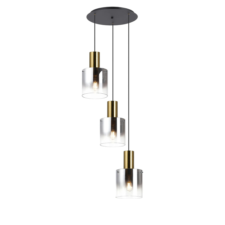 Idolite Snowdon Brass And Black 3 Light Cluster Pendant Light Complete With Smoke Fade Glasses