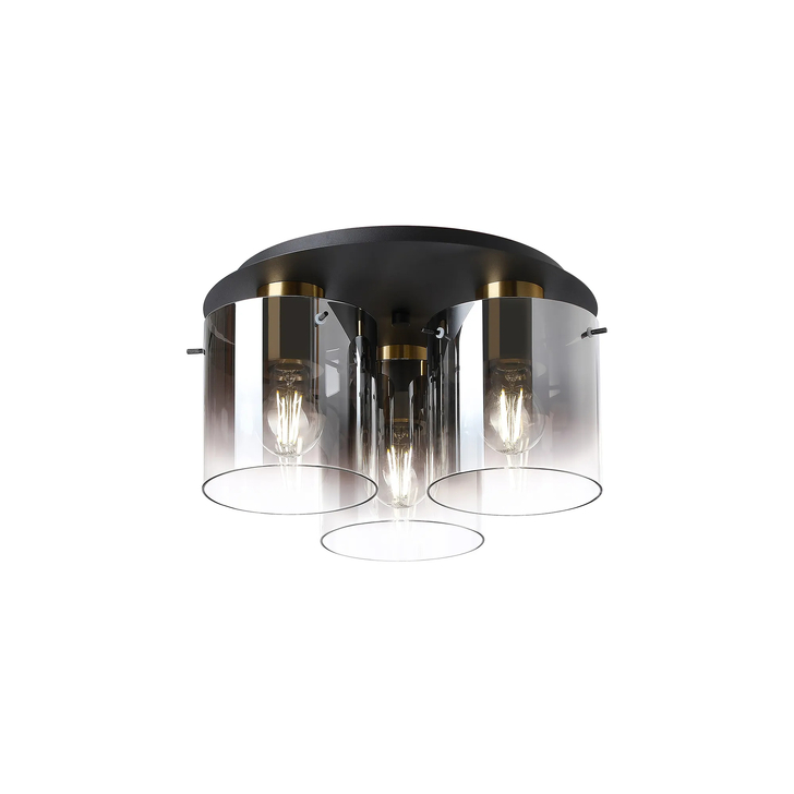 Idolite Snowdon Brass And Black 3 Light Flush Ceiling Light Complete With Smoke Fade Glasses