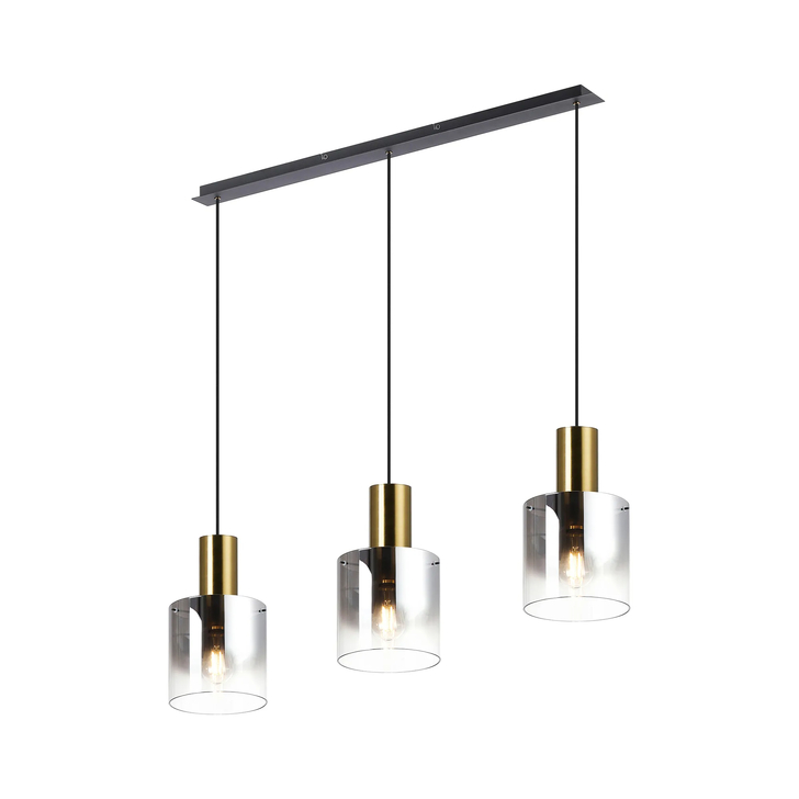 Idolite Snowdon Brass And Black 3 Light Linear Island Pendant Light Complete With Smoke Fade Glasses