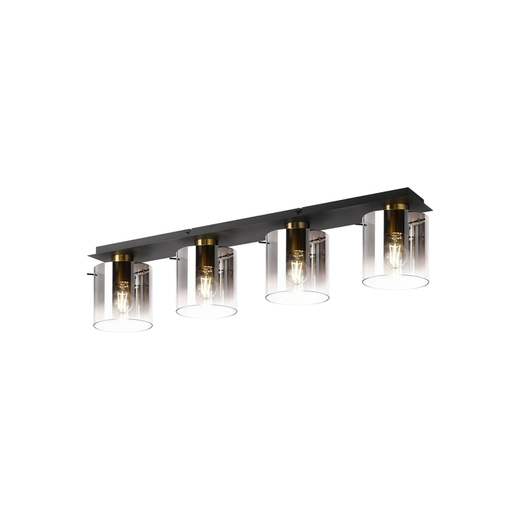 Idolite Snowdon Brass And Black 4 Light Linear Flush Ceiling Light Complete With Smoke Fade Glasses