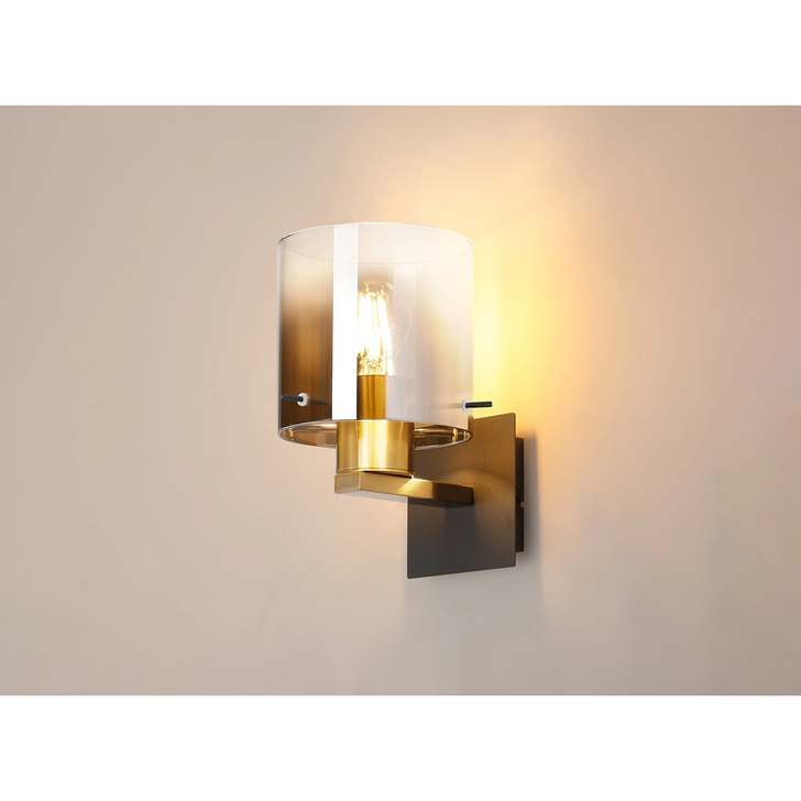 Idolite Snowdon Brass And Black Switched Wall Light Complete With Smoke Fade Glass