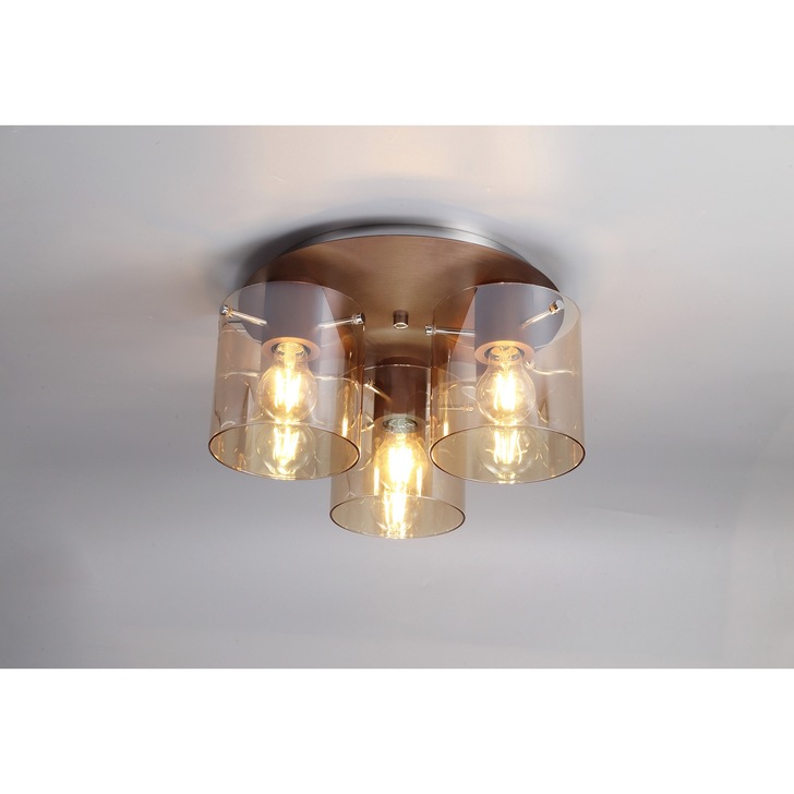 Idolite Snowdon Mocha Finish 3 Light Flush Ceiling Light C/W Amber Glasses