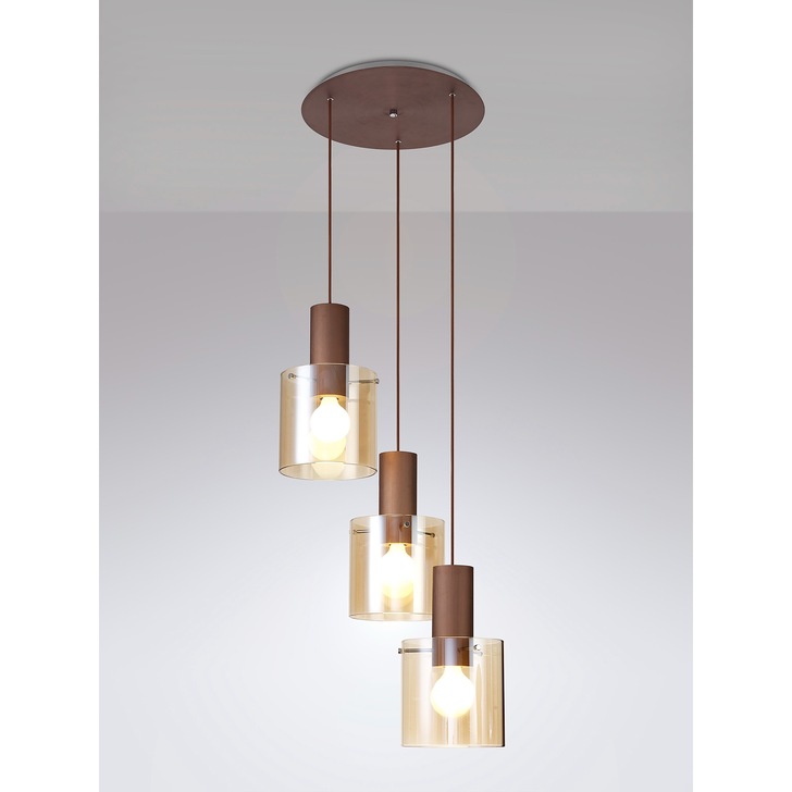 Idolite Snowdon Mocha Finish 3 Light Pendant C/W Amber Glasses