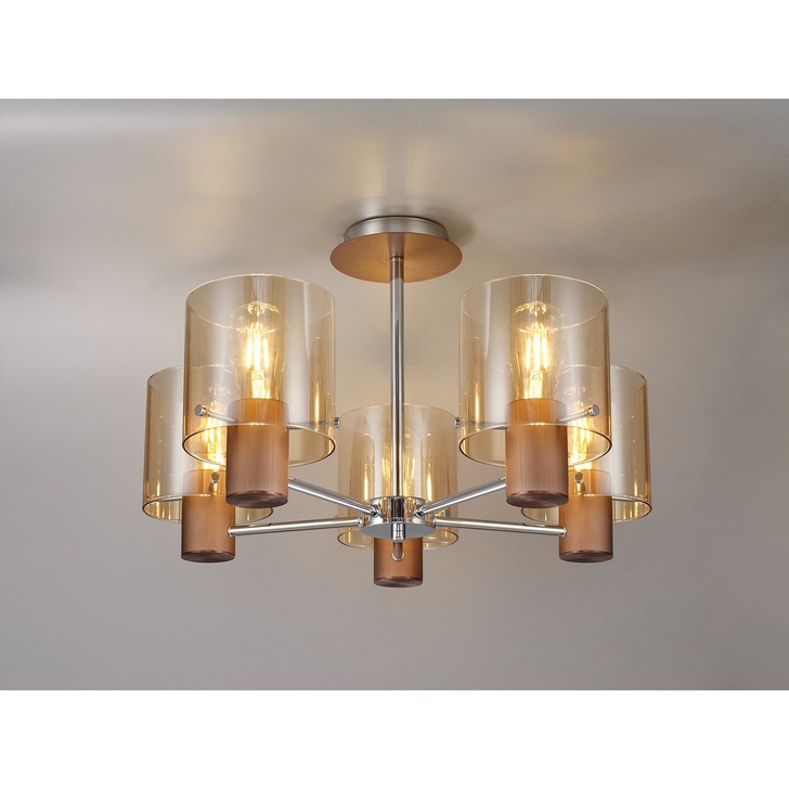 Idolite Snowdon Mocha Finish 5 Light Semi Flush Ceiling Light C/W Amber Glasses