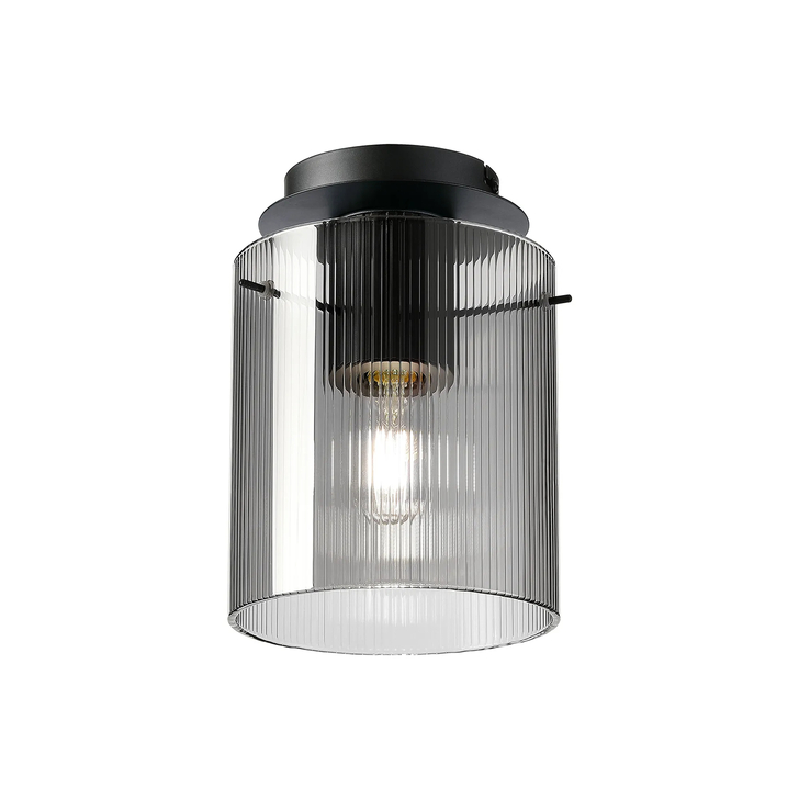 Idolite Snowdon Single Flush Ceiling Light In Dark Grey With Smoke Ribbed Glass Shade