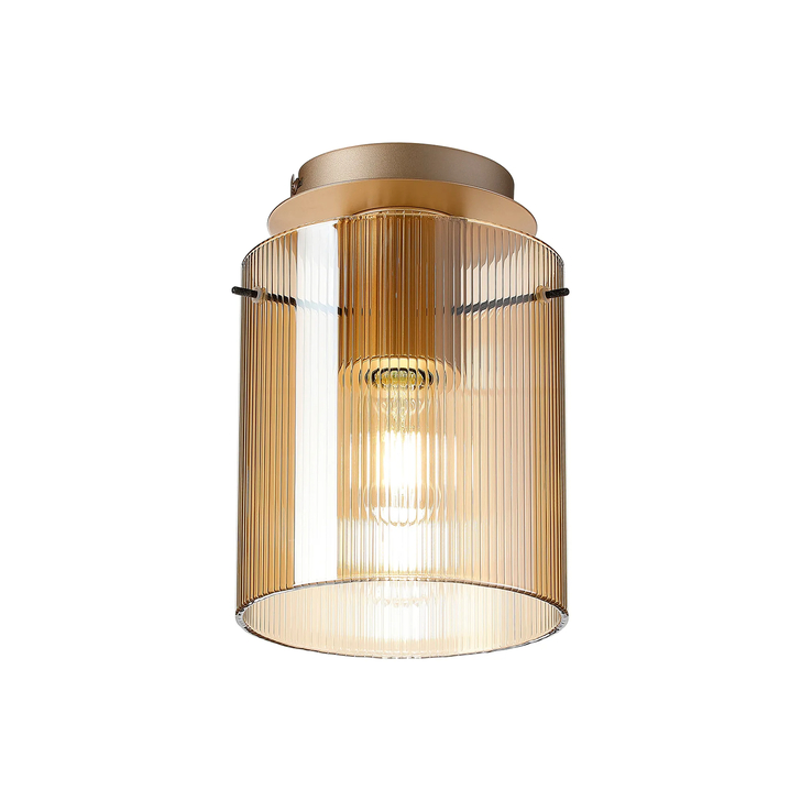 Idolite Snowdon Single Flush Ceiling Light In Gold With Amber Ribbed Glass Shade