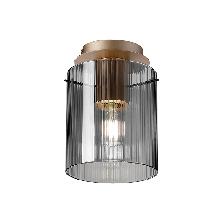 Idolite Snowdon Single Flush Ceiling Light In Gold With Smoke Ribbed Glass Shade