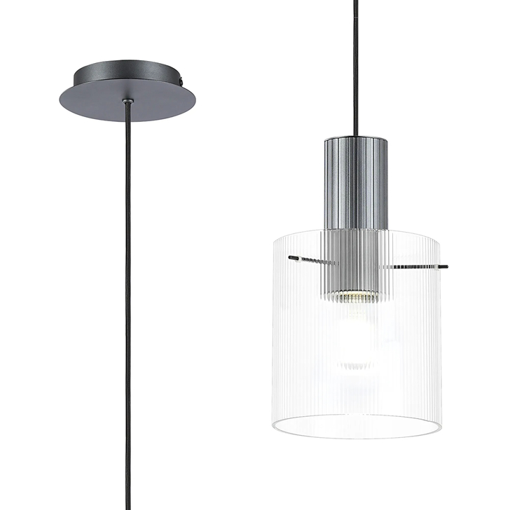 Idolite Snowdon Single Pendant Light In Dark Grey With Clear Ribbed Glass Shade