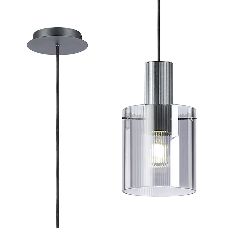 Idolite Snowdon Single Pendant Light In Dark Grey With Smoke Ribbed Glass Shade