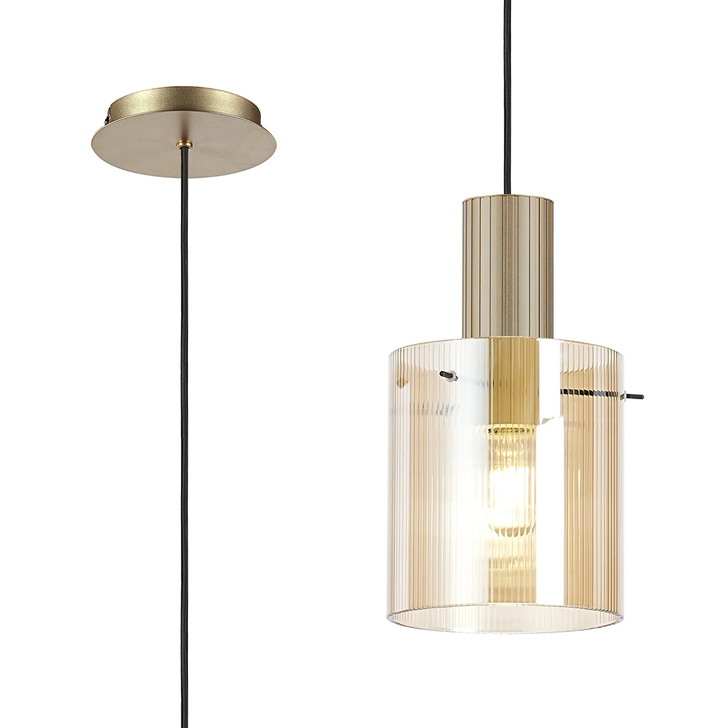 Idolite Snowdon Single Pendant Light In Gold With Amber Ribbed Glass Shade