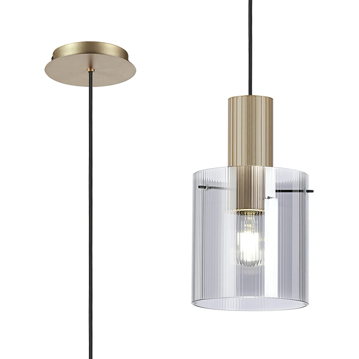 Idolite Snowdon Single Pendant Light In Gold With Smoke Ribbed Glass Shade