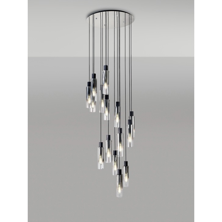 Idolite Snowdon Slim Black/Polished Chrome 15 Light Pendant With Smoked/Clear Ombre Glasses