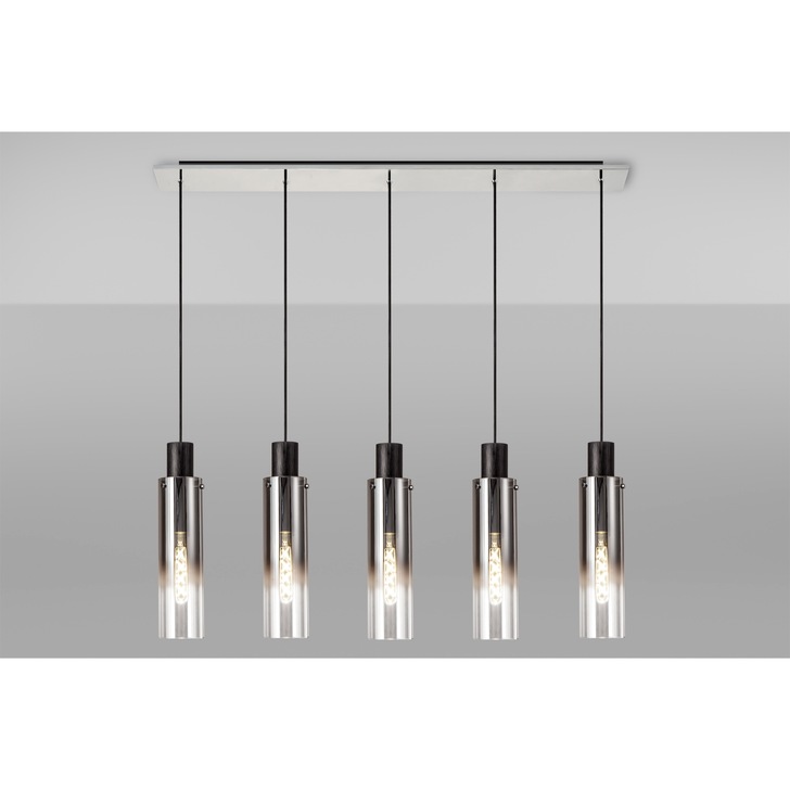 Idolite Snowdon Slim Black/Polished Chrome 5 Light Linear Bar Pendant With Smoked/Clear Ombre Glasses