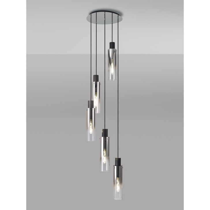 Idolite Snowdon Slim Black/Polished Chrome 5 Light Pendant With Smoked/Clear Ombre Glasses