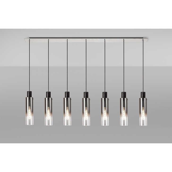 Idolite Snowdon Slim Black/Polished Chrome 7 Light Linear Bar Pendant With Smoked/Clear Ombre Glass Shades