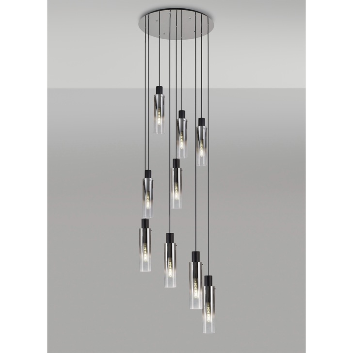 Idolite Snowdon Slim Black/Polished Chrome 9 Light Pendant With Smoked/Clear Ombre Glasses