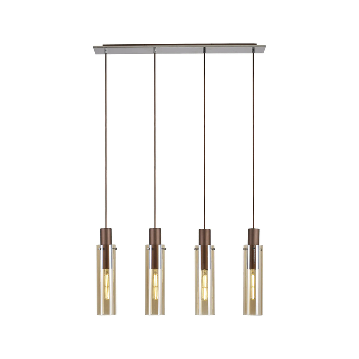 Idolite Snowdon Slim Mocha 4 Light Linear Bar Pendant Complete With Amber Glass Shades