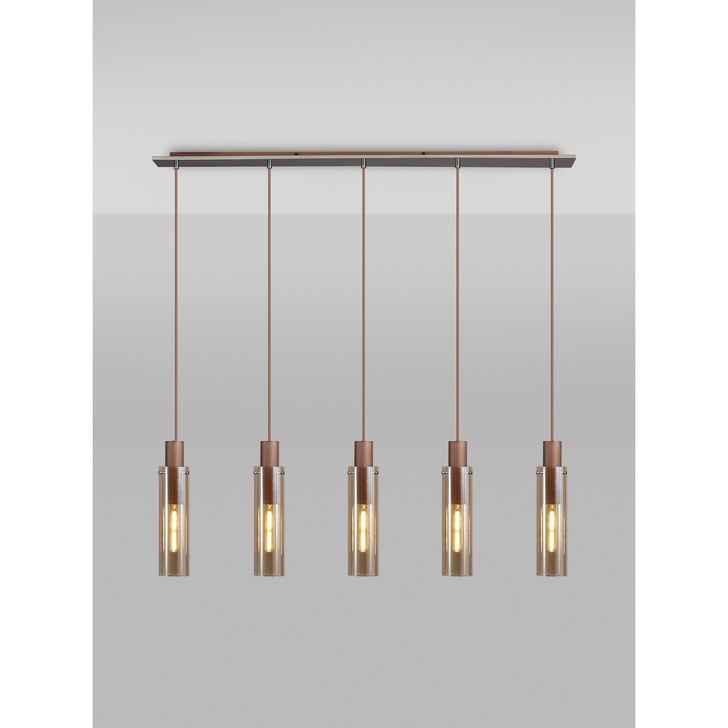 Idolite Snowdon Slim Mocha 5 Light Linear Bar Pendant Complete With Amber Glass Shades