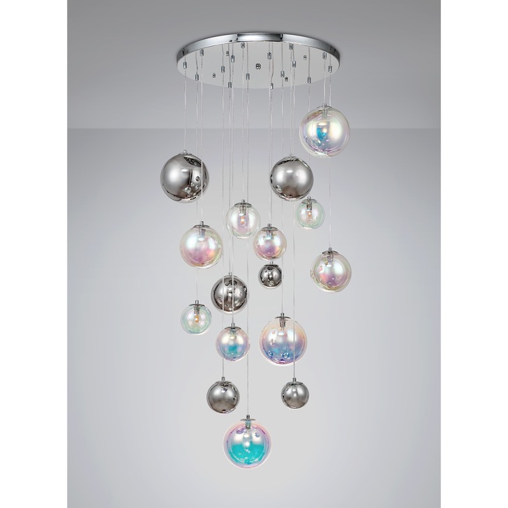 Idolite Stockwell Polished Chrome 16 Light Pendant Light C/W Iridescent Glass Globes