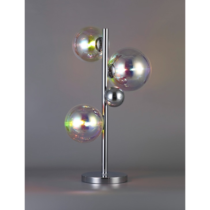 Idolite Stockwell Polished Chrome 3 Light Table Lamp C/W Iridescent Glass Globes