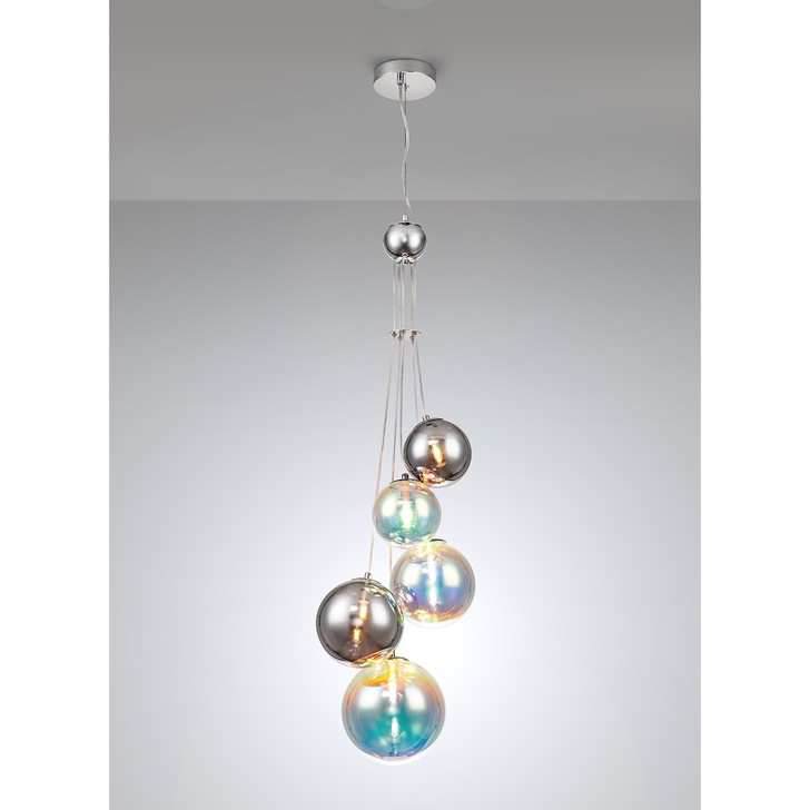 Idolite Stockwell Polished Chrome 5 Light Pendant Light C/W Iridescent Glass Globes