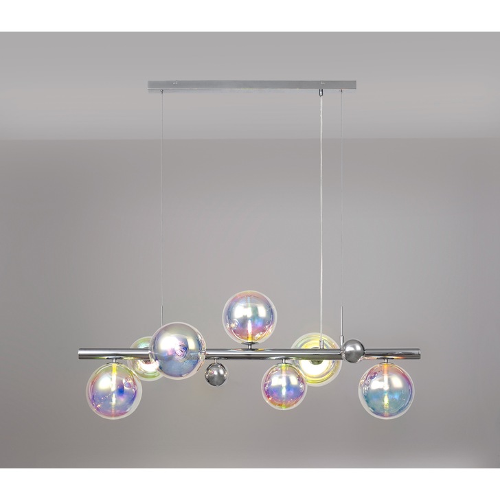 Idolite Stockwell Polished Chrome 7 Light Linear Bar Pendant C/W Iridescent Glass Globes