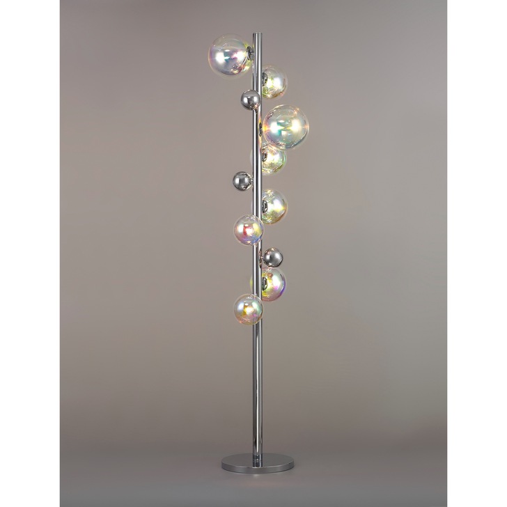 Idolite Stockwell Polished Chrome 8 Light Floor Lamp C/W Iridescent Glass Globes