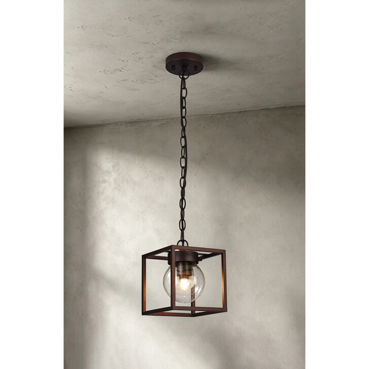 Idolite Telford Oil Rubbed Brass Finish Small Square Frame Outdoor Pendant Light Complete With Clear Seeded Glass - IP54