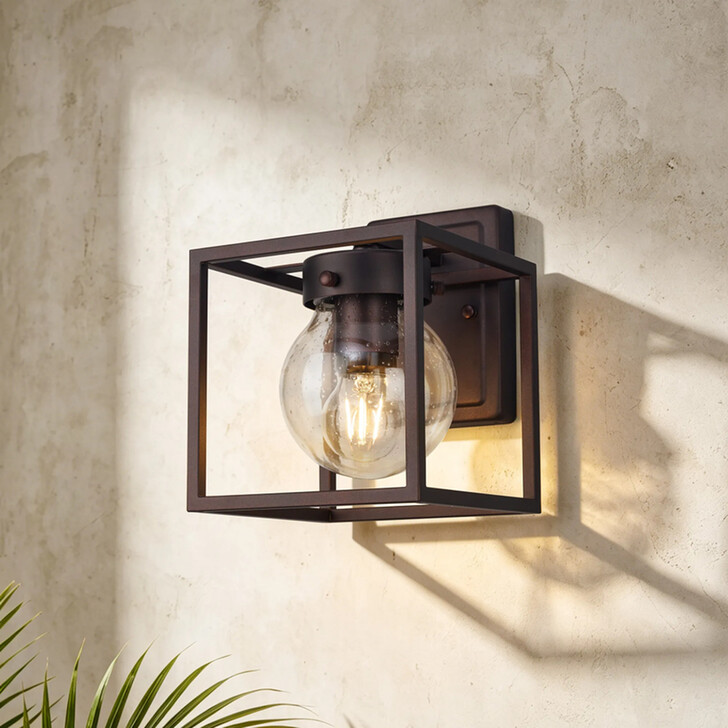 Idolite Telford Oil Rubbed Brass Finish Small Square Frame Outdoor Wall Light Complete With Clear Seeded Glass - IP54
