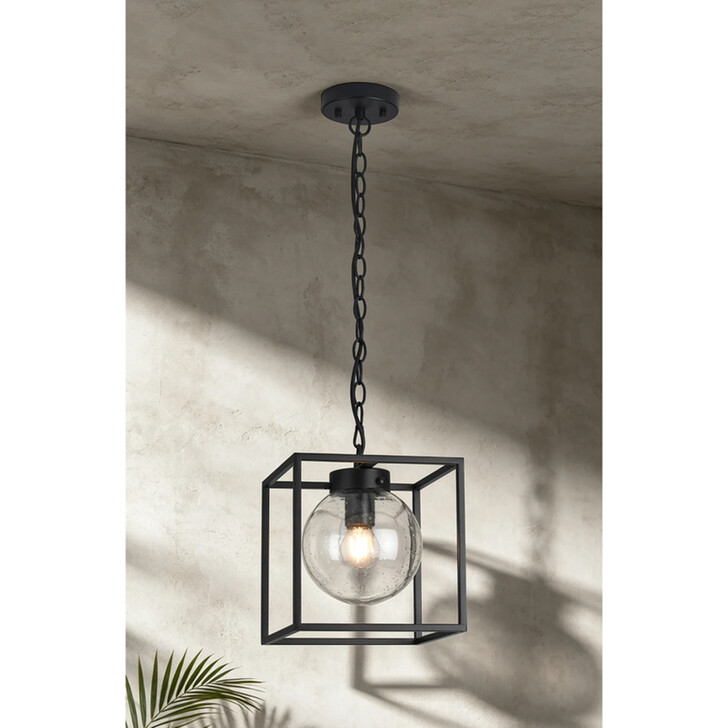 Idolite Telford Satin Black Large Square Frame Outdoor Pendant Light Complete With Clear Seeded Glass - IP54