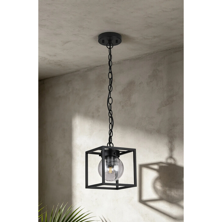 Idolite Telford Satin Black Small Square Frame Outdoor Pendant Light Complete With Clear Seeded Glass - IP54