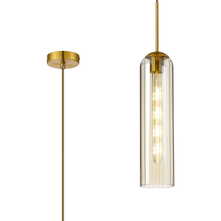 Idolite Var Gold Linear Single Pendant Light Complete With A Cognac Cylindrical Ribbed Glass