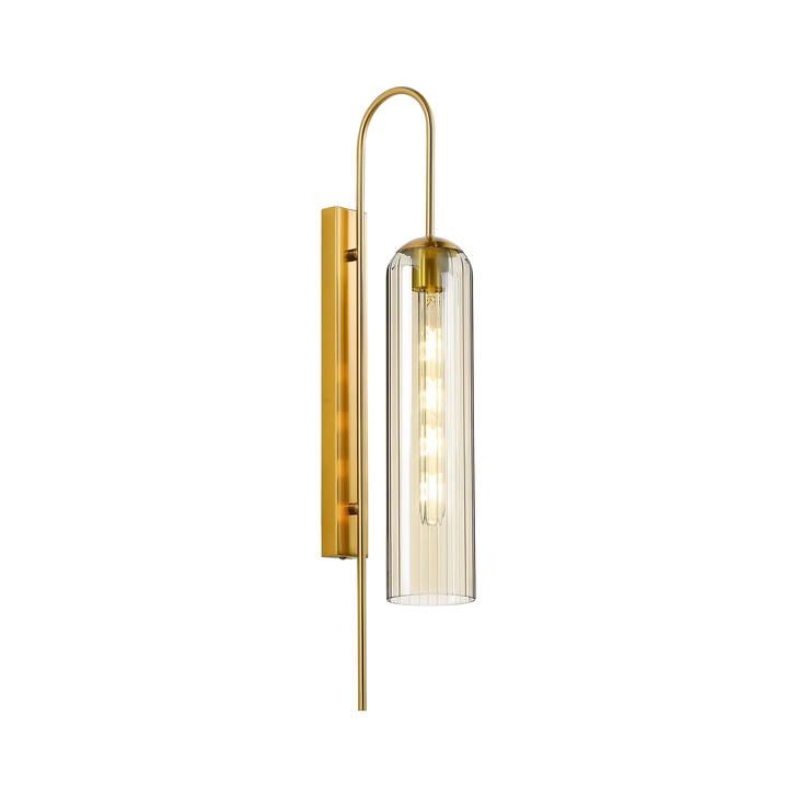 Idolite Var Gold Linear Wall Light Complete With A Cognac Cylindrical Ribbed Glass