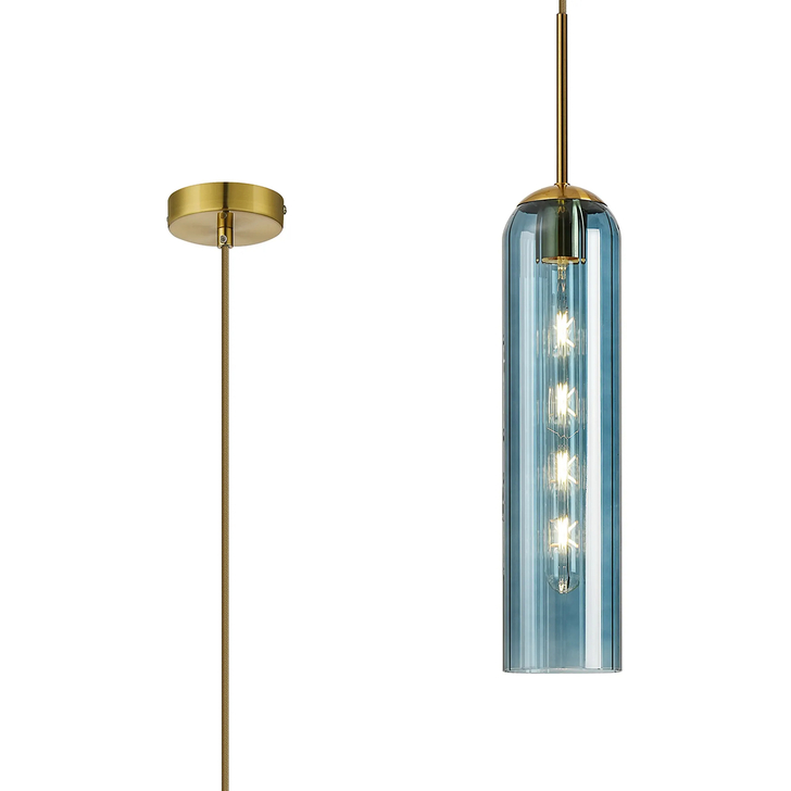 Idolite Var Gold Long Linear Single Pendant Light Complete With A Blue Cylindrical Ribbed Glass