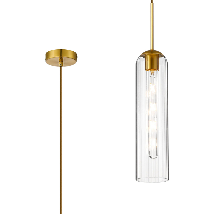 Idolite Var Gold Long Linear Single Pendant Light Complete With A Clear Cylindrical Ribbed Glass