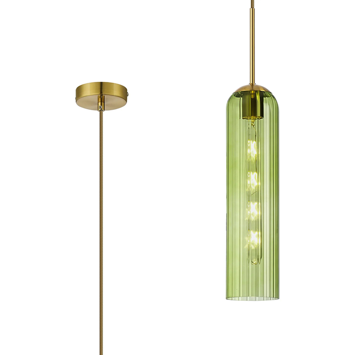 Idolite Var Gold Long Linear Single Pendant Light Complete With A Green Cylindrical Ribbed Glass