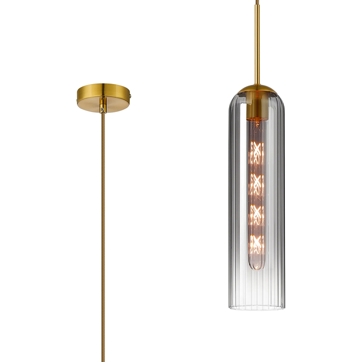 Idolite Var Gold Long Linear Single Pendant Light Complete With A Smoke Fade Cylindrical Ribbed Glass