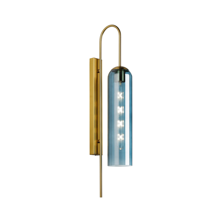 Idolite Var Gold Long Linear Wall Light Complete With A Blue Cylindrical Ribbed Glass