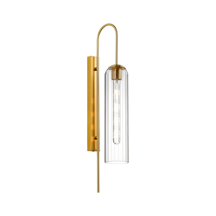 Idolite Var Gold Long Linear Wall Light Complete With A Clear Cylindrical Ribbed Glass