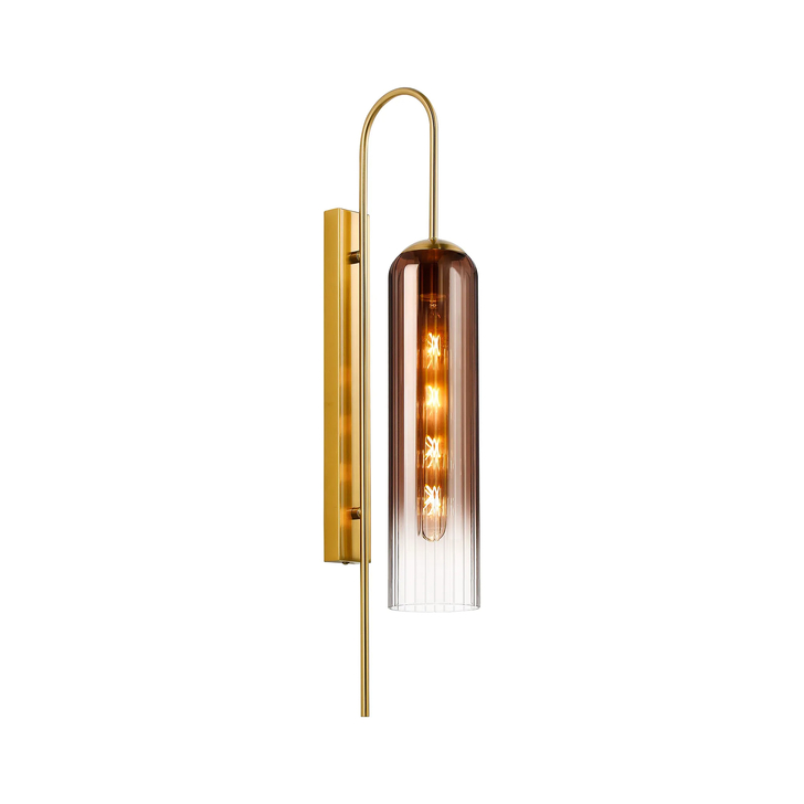 Idolite Var Gold Long Linear Wall Light Complete With A Copper Fade Cylindrical Ribbed Glass