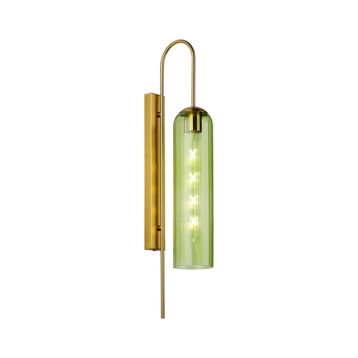 Idolite Var Gold Long Linear Wall Light Complete With A Green Cylindrical Ribbed Glass